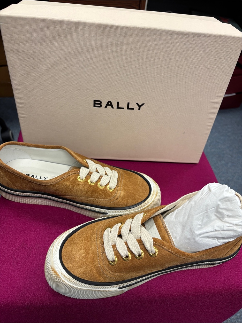 Bally Tan Suede Low-Top Sneakers with Cream Laces